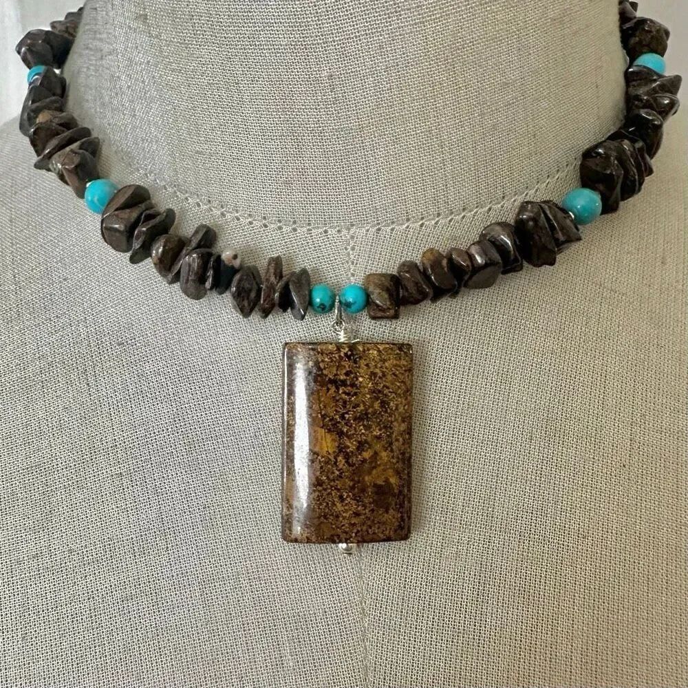 Sterling Silver Jasper & Turquoise Bead Necklace with Large Rectangular Pendant